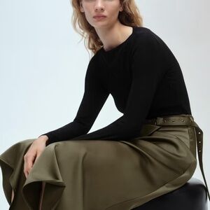 NWT Mango Grace Ribbed Satin Midi Dress, Black/Khaki - size 8